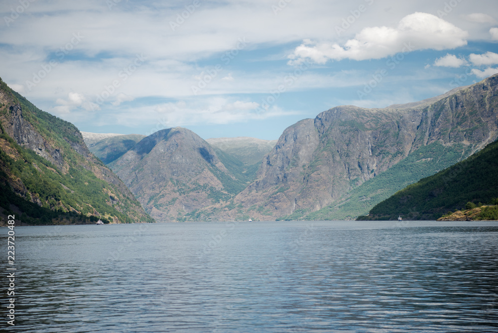 majestic landscape with beautiful mountains and calm water of Aurlandsfjord, Flam (Aurlandsfjorden), Norway majestic landscape with beautiful mountains and calm water of Aurlandsfjord, Flam (Aurlandsfjorden), Norway