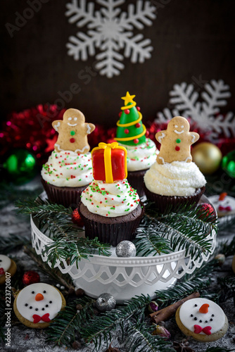 Christmas decoration on the cupcakes,selective focus
