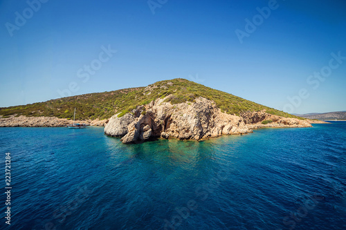 Turquoise water near beach on Aegean coast sea Turkish resort, Bodrum, Turkey