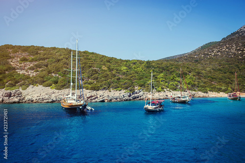 Yacht on the sea, beautiful bay in Turkey, Bodrum. Aegean coast © bondvit