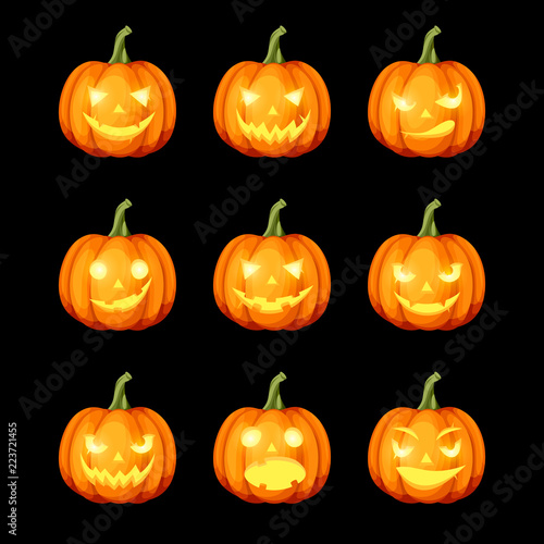 Vector set of nine jack-o'-lanterns (Halloween pumpkins) isolated on a black background.