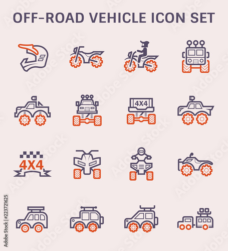 Off road vehicle and accessories vector icon consist of helmet, motocross bike or motorbike, ppv or suv, pickup truck, atv and trailer. Extreme sport racing on dirt trail road. Also travel, camping.