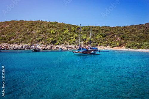 Yacht on the sea, beautiful bay in Turkey, Bodrum. Aegean coast