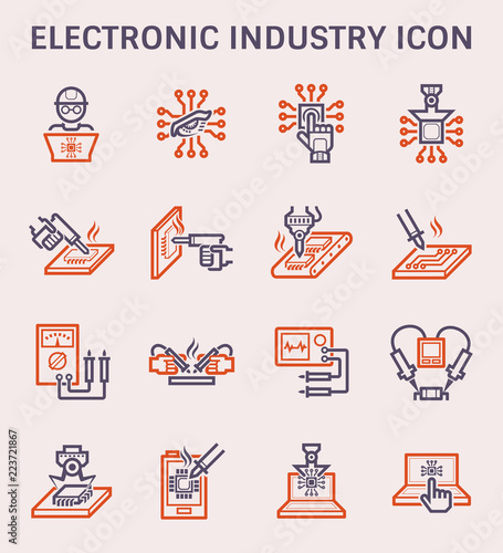 Computer maintenance service, electronics repair and assembly vector icon. Include engineer or technician, microchip, multimeter, gun and laptop. To electrical measurement, circuit board soldering.