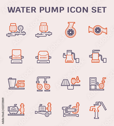 Water pump station icon. Consist of centrifugal, submersible and well pump. Powered by engine, hand and electric motor with solar energy. For produce flow and pressure to distribution or supply water.