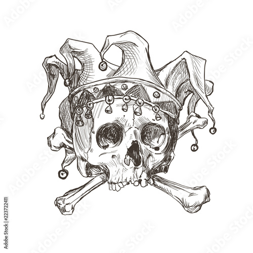 Sketch of the skull of a joker in a comic cap. 