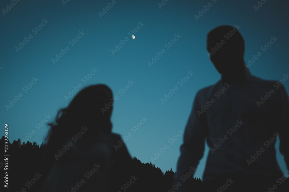 silhouette of a couple and moon