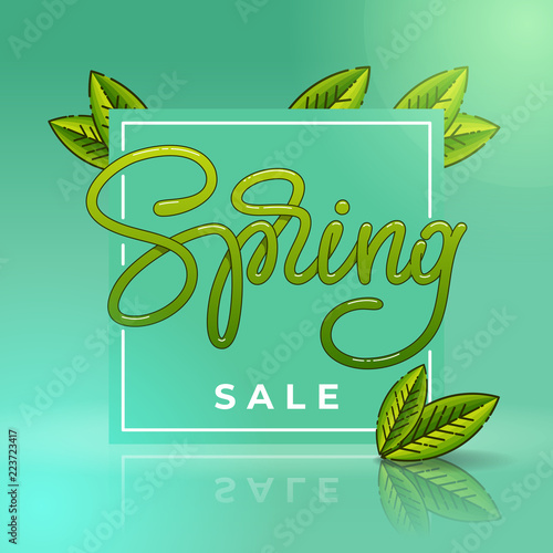 Spring Sale Banner with square frame and leaves. Template for banner  card  flyer  poster. Handmade typography. Vector illustration.