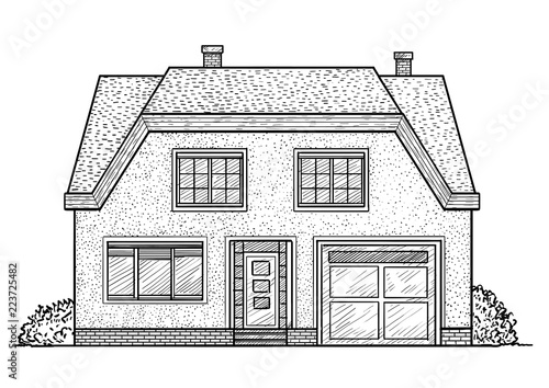 House illustration, drawing, engraving, ink, line art, vector