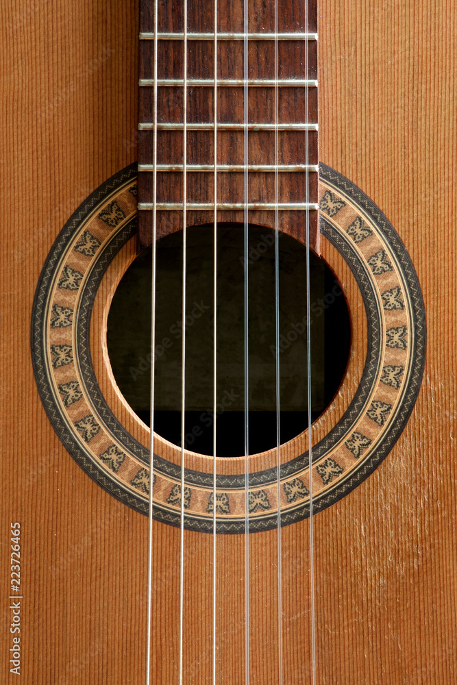 Closeup detail of classical guitar body and fingerboard. Closeup detail of classical guitar body and fingerboard.