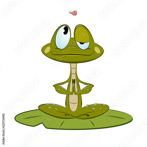 Illustration of cute frog practicing yoga and looking at funny fly.