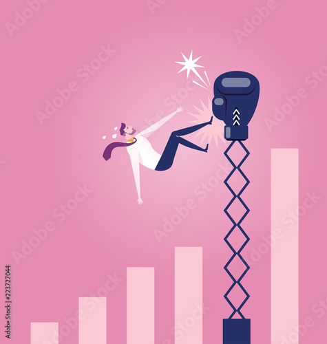 Businessman being hit by a big boxing glove and falling from growing rate graph- Business concept vector