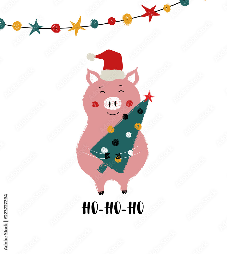 Naklejka premium Śliczny Lis W Santa Kapeluszu.