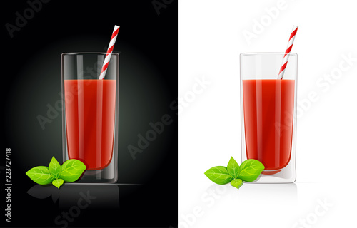 Fresh tomato juice glass with pipe. Natural organic drink.