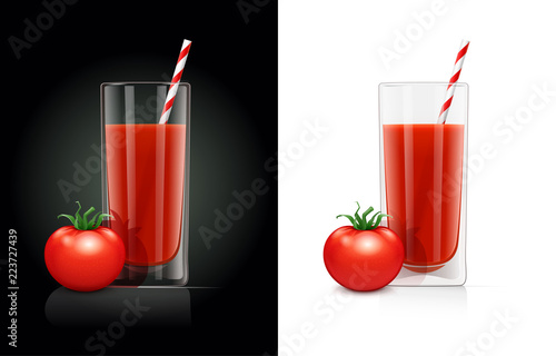 Fresh tomato juice glass with pipe. Natural organic drink.