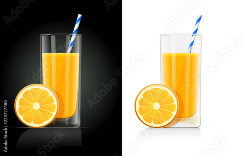 Fresh orange juice glass with pipe. Natural organic drink.