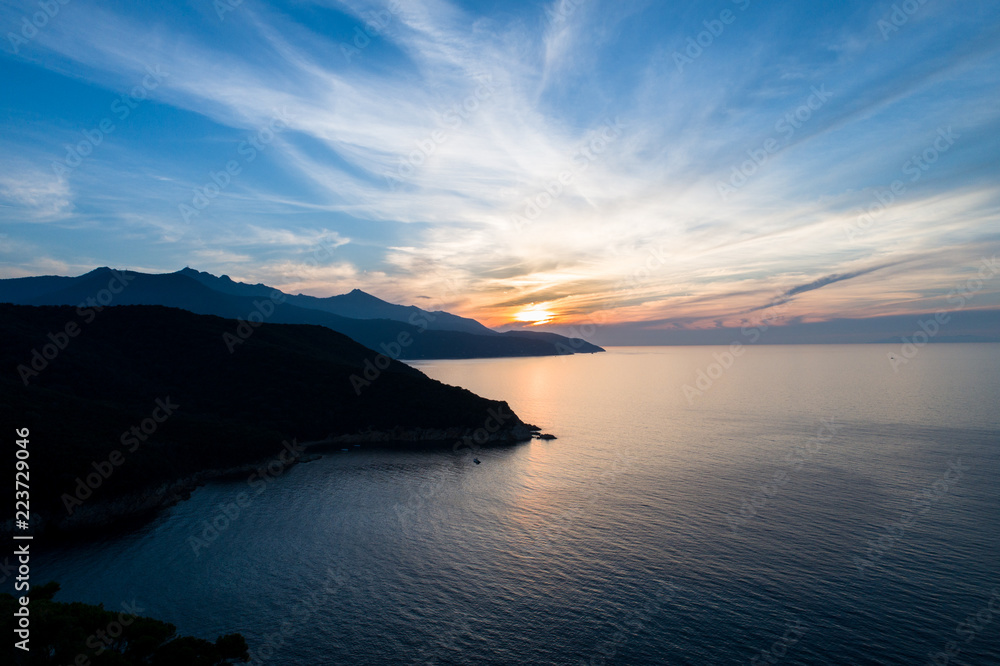 Sunset, aerial photo over the sea