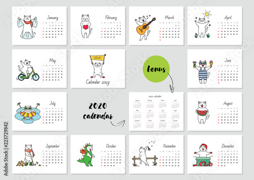Smile! Monthly calendar 2019 template with a cute white cat enjoying seasons. Bonus - 2020 calendar. Vector illustration 8 EPS.