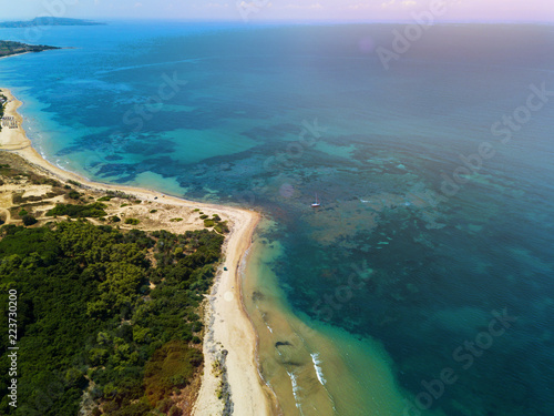 Panoramic top view of a coastal line. Aerial drone bird's eye view photo.