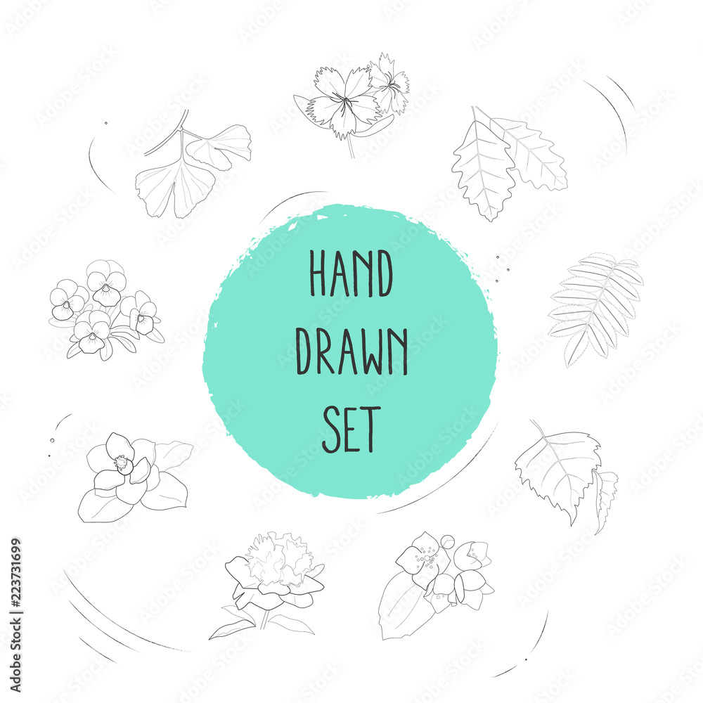 Set of flora icons line style symbols with peony, oak leaf, aspen and ...