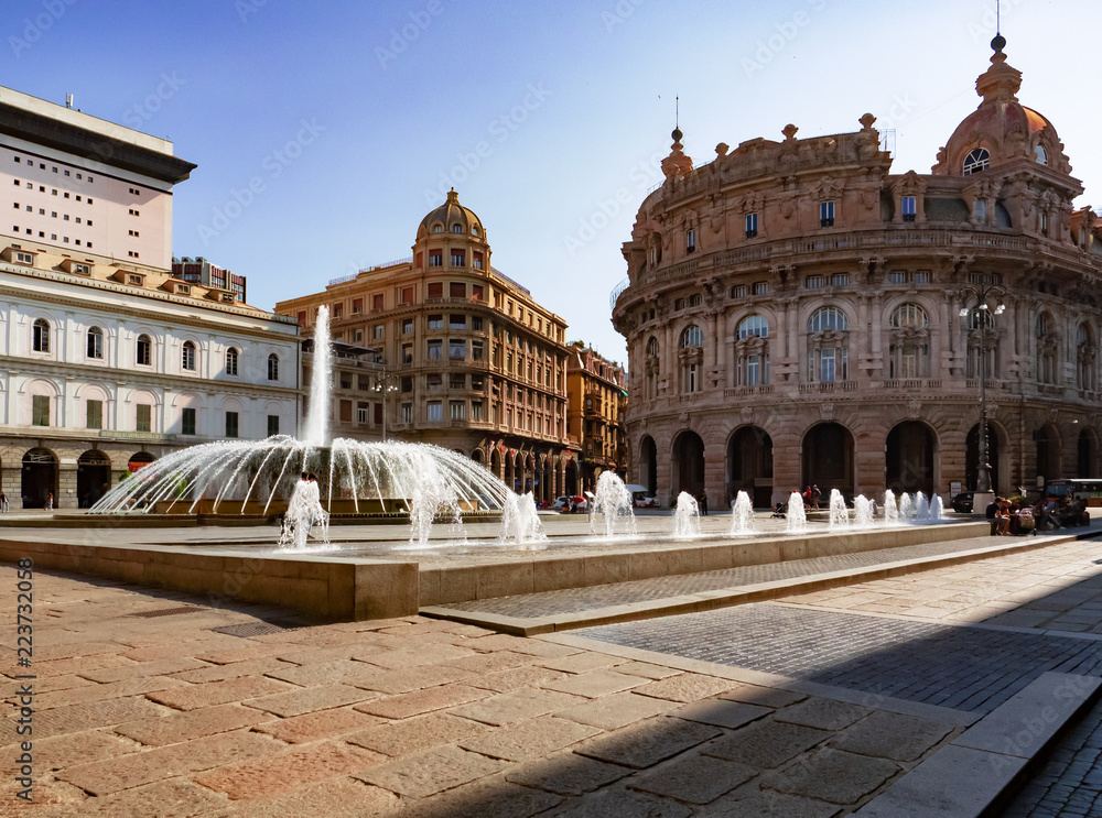 Piazza De Ferrari, the main city square in the mediterranean city of Genoa, Italy
