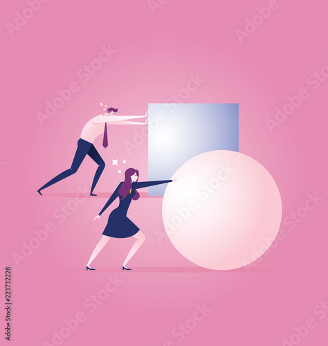 Businesswoman rolling a ball leading the race against a group of slower businessman pushing boxes