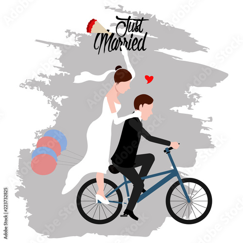 Groom and bride on a bicycle. Just married couple. Wedding concept image. Vector illustration design