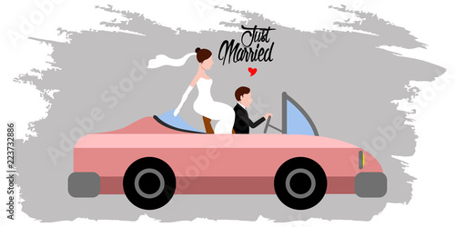Bride and groom on a car. Just married couple. Marriage concept image. Vector illustration design