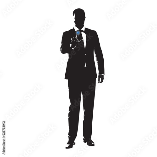 Businessman touching screen, modern technologies, isolated vector illustration