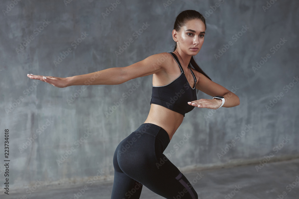 Body Fitness. Woman Training In Fashion Black Sportswear