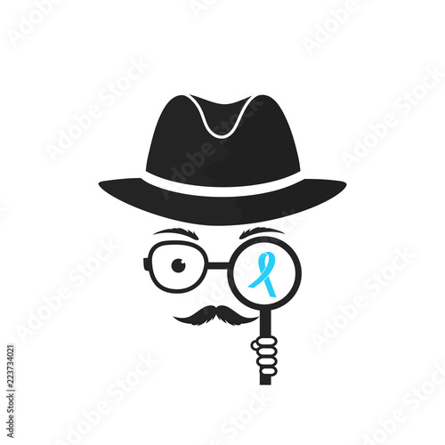 A man with a mustache in his hat holds a magnifying glass in his hand. Blue Ribbon. Prostate cancer Awareness Month.