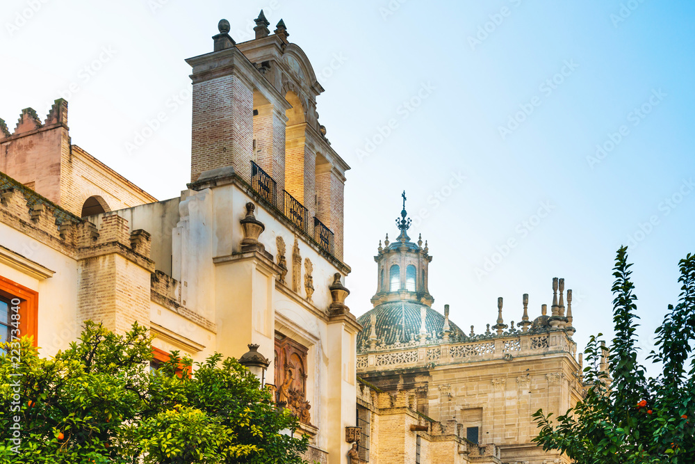 Antique building view in Old Town Sevilla, Spain