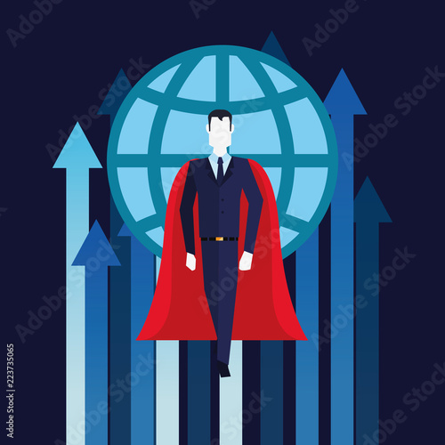 businessman superhero flying growth arrows world business