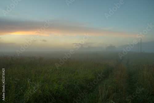 Meadow With Way Road In Thick Fog After Rain In Countryside At Evening In Summer. © ElenaMasiutkina