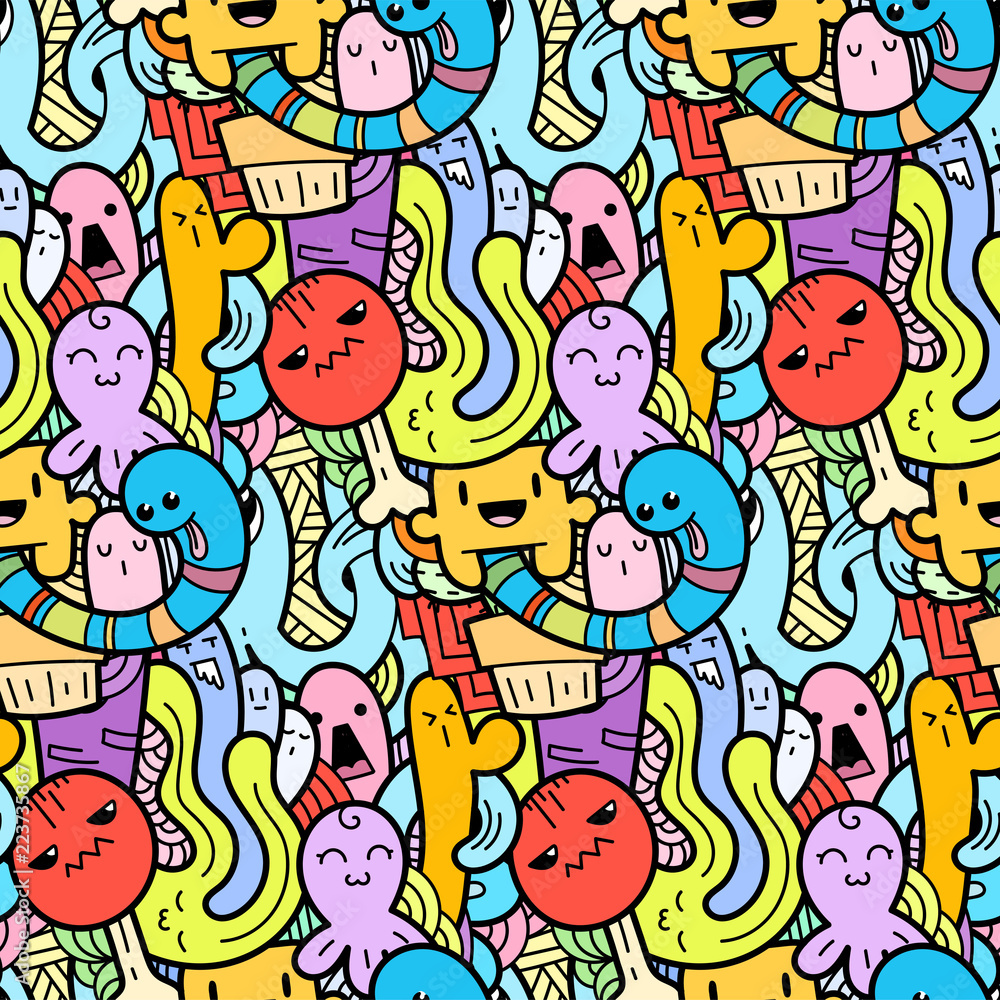 Fototapeta Funny doodle monsters seamless pattern for prints, designs and coloring books