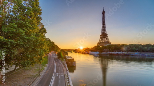 Eiffel Tower and the Seine river at Sunrise timelapse, Paris, France