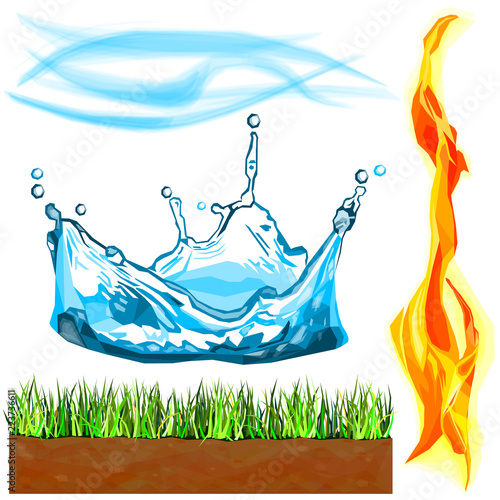 Four elements set colorful low poly designs isolated on white background. Vector wind, earth, water, fire illustration in modern style. 