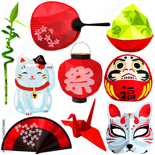 Asian culture set colorful low poly designs isolated on white background. Vector japanese stuff illustration. Collection of local Japan traditional celebrations and everyday things in modern style.