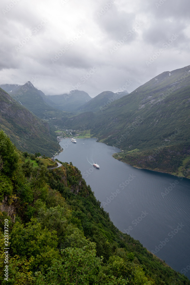 Norwegian fjord landscape, cruise travel.