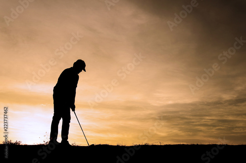 Silhouette golf athletes with the sky beautiful sunsets