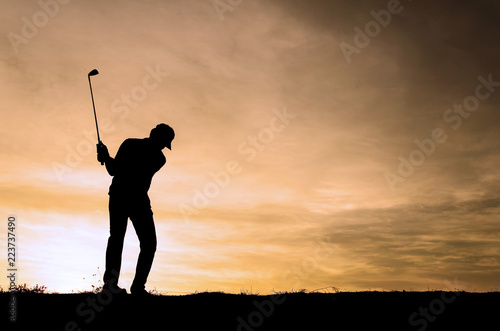 Silhouette golf athletes with the sky beautiful sunsets