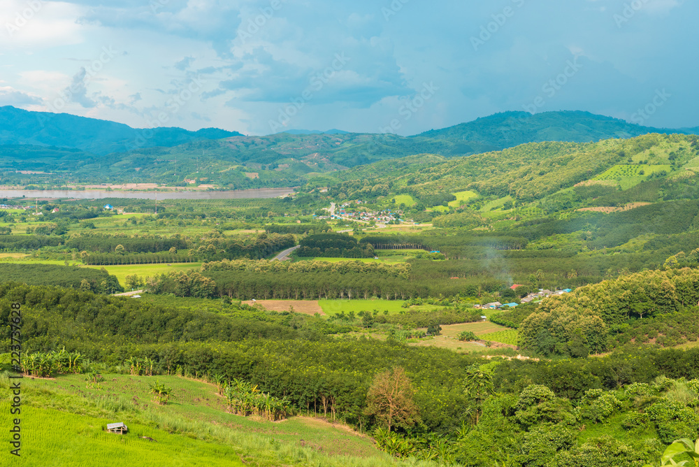 View of Chiang Khong district with khong river and Laos border and green mountain and nice sky