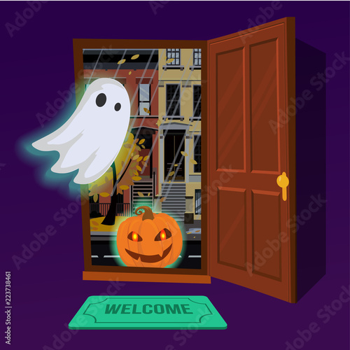 Glowing pumpkin enters the house through an open door. In the hallway flying glowing Ghost. Outside the door of the city autumn landscape at dusk. Flat cartoon style vector illustration.