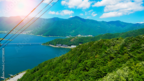 Aerial view of Kawaguchiko lake from Mt. Kachi Kachi Ropeway, Japan photo