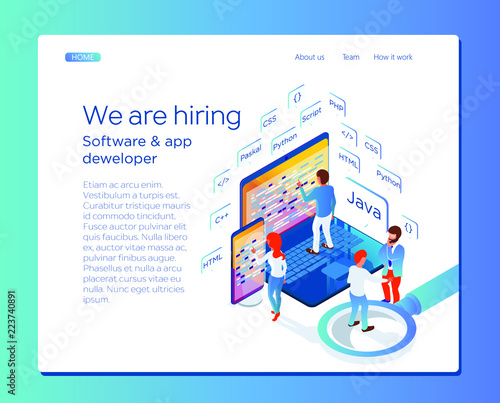 Hiring programmer or app developer. Developers building mobile apps and working together on a user interface, communication and technology concept. Isometric 3d