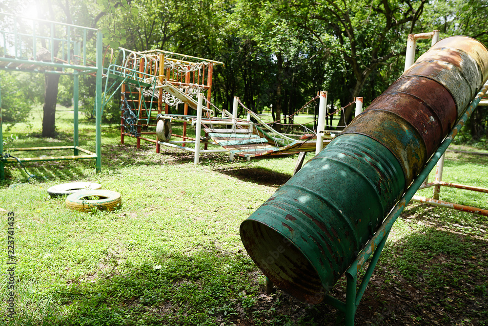 Playground equipment is old and worn in the park Playground equipment is old and worn in the park