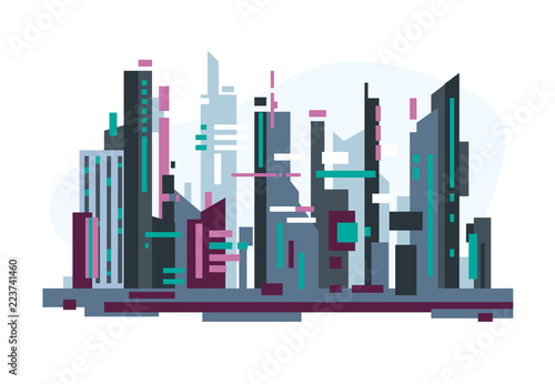 Futuristic abstract city with big buildings, neon signs. Rectangular shapes and simple forms. Flat style line vector illustration. Business city center with futuristic skyscrapers.