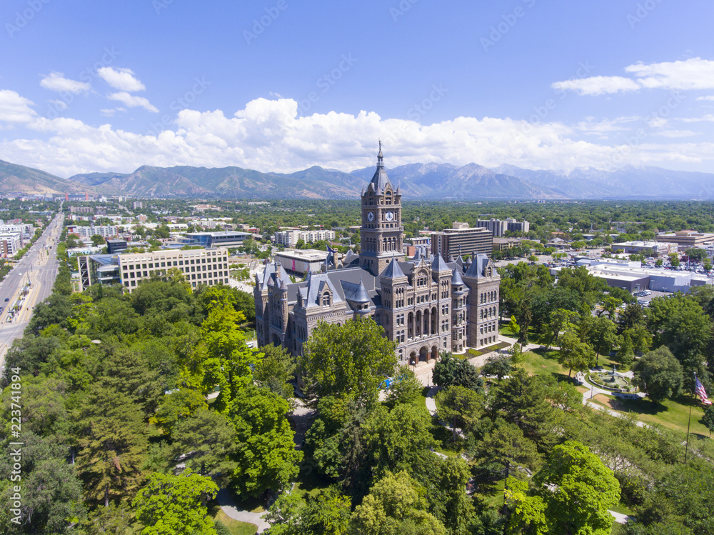 Aerial view of Salt Lake City and County Building in Salt Lake City, Utah, USA. This building was built in 1894 with Richardsonian Romanesque style.