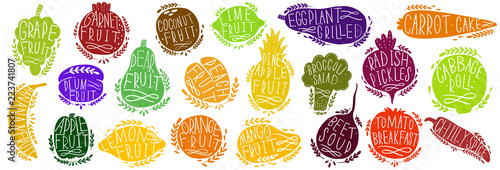 Fruit and vegetables set silhouettes with lettering. Isolated objects on white background. Fruit and vegetables logo or element for design.