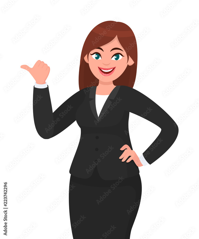 Beautiful happy business woman with formal suit pointing or showing thumb finger to copy space while standing isolated white background. Businesswoman concept illustration in vector cartoon style. Beautiful happy business woman with formal suit pointing or showing thumb finger to copy space while standing isolated white background. Businesswoman concept illustration in vector cartoon style.